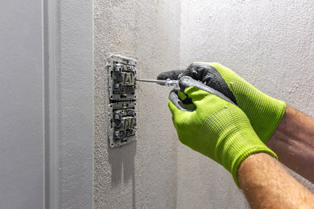 A man wearing protective green gloves uses a screwdriver to dismantle the housing of a light switch...