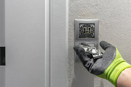 A man wearing protective green rubber gloves dismantles a light switch, removing components of the...