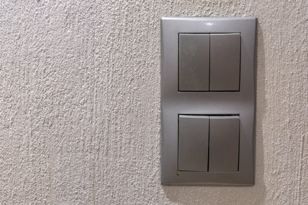 Two gray double light switches mounted on the wallの写真素材