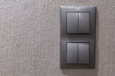 Two gray double light switches mounted on the wall in the hallwayの写真素材