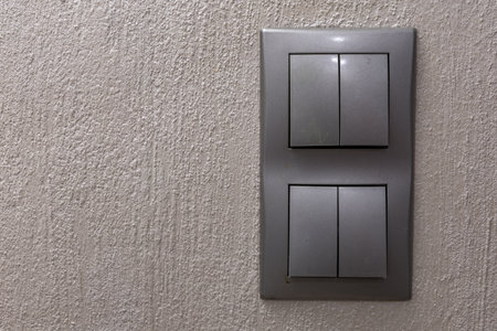 Two gray double light switches mounted on the wall in the hallwayの写真素材