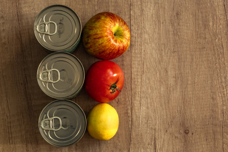 Three cans on a wooden table with tomatoes, lemon, and apples, healthy canned foodの写真素材