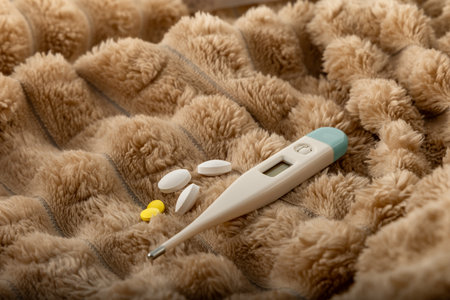 A thermometer showing a high temperature of a sick patient, home remedies for colds, an electronic...