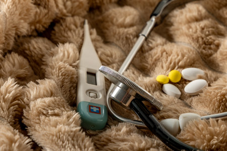 Stethoscope and thermometer with high temperature, home remedies for treating coldsの写真素材