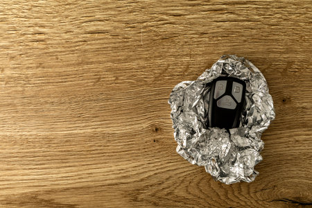 Car keys wrapped in silver foil, protection against theft, car theft with a suitcase, car keys on a black backgroundの写真素材