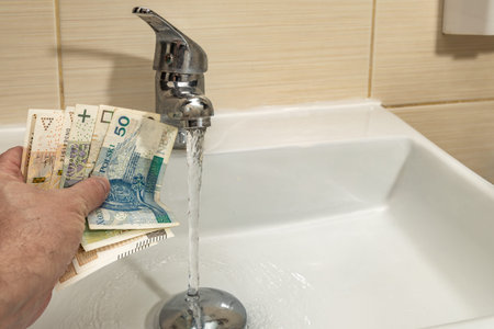 Money in a man's hand, cold water leaking from the tap into the sink, the cost of repairing the water installation in the houseの写真素材