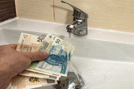 Money in a man's hand, cold water leaking from the tap into the sink, the cost of repairing the water installation in the houseの写真素材