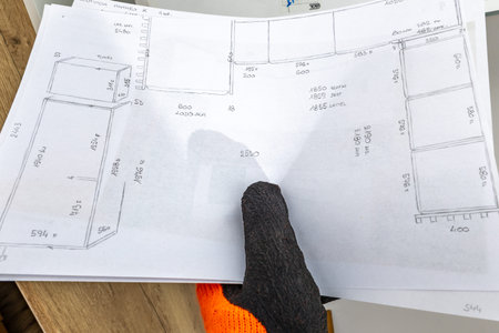 A carpenter wearing orange protective gloves holds a kitchen furniture design in his hand, preparing...