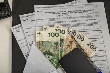 A completed PIT-11 tax return form on a desk, money for paying income tax, a mobile phone, and banknotes on a desk in an accounting office,の写真素材