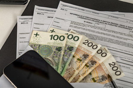 A completed PIT-11 tax return form on a desk, money for paying income tax, a mobile phone, and...