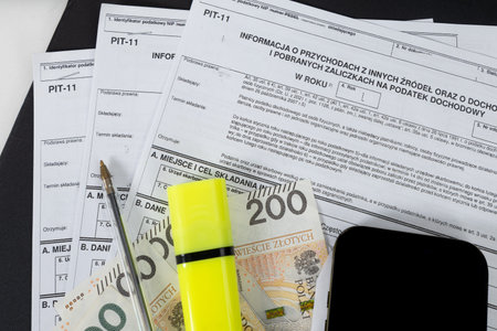 A completed PIT-11 tax return form on a desk, money for paying income tax, a mobile phone, and...