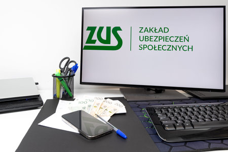 The login page for the ZUS online system, in the photo a computer monitor with the login page and...