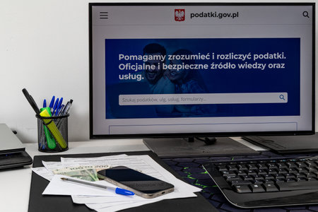 The login page for the online system for paying taxes in Poland. The photo shows a desk, monitor,...