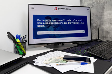 The login page for the online system for paying taxes in Poland. The photo shows a desk, monitor,...