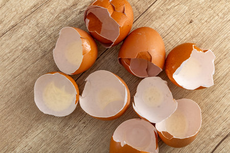 Chicken eggshells placed on a wooden counter in the kitchen
