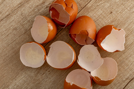 Chicken eggshells placed on a wooden counter in the kitchen