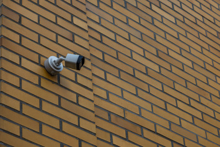 CCTV camera on a brick wall, surveillance using a CCTV camera, brick wall, guarding using CCTV