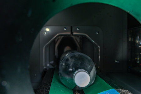 Return of empty used plastic bottles in the bottle vending machine, damaged bottle return machine, jammed bottle in the bottle vending machine, environmental protection,の写真素材