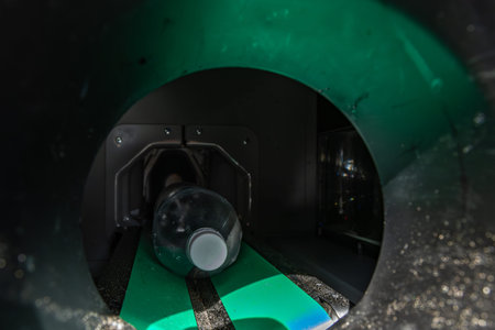 A used plastic drink bottle inserted into a slot in a bottle vending machine, return of used...