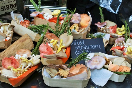 Boxes of colorful and fresh mushrooms in a market stall.