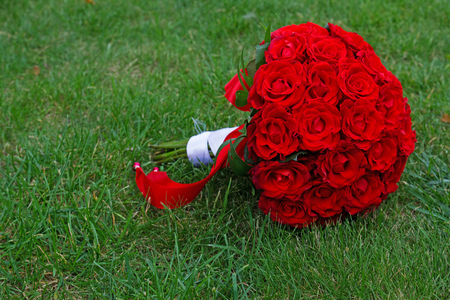 Beautiful red wedding bouquet, for the brideの写真素材