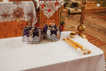 Elegant wedding crown or tiara, preparing for marriage in churchの写真素材
