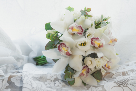 Beautiful bridal wedding bouquet on white backgroundの写真素材