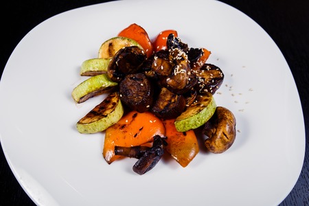 Grilled vegetables in a cast iron grilling pan, view from aboveの写真素材