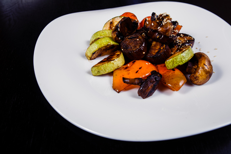 Grilled vegetables in a cast iron grilling pan, view from aboveの写真素材