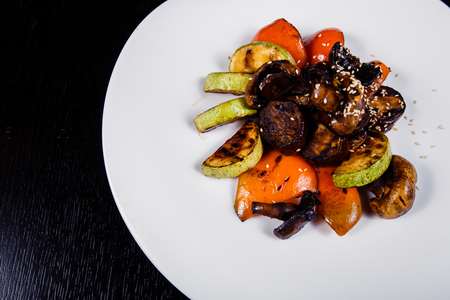 Grilled vegetables in a cast iron grilling pan, view from aboveの写真素材