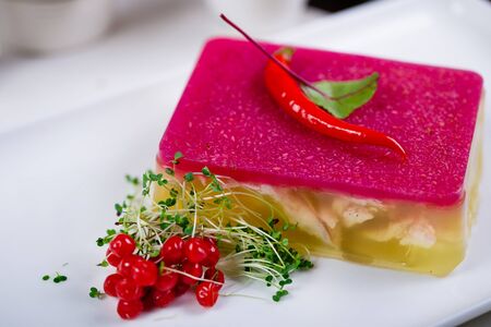 Meat galantine with vegetables, beautiful decoration aspic for festive meal selective focusの写真素材