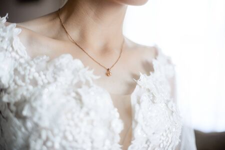Jewelry on a marble background in wedding day. Wedding accessories.の写真素材