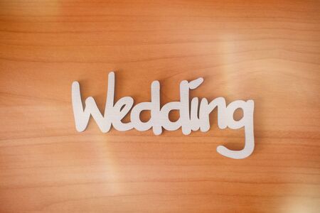 Wedding decorations. White wooden inscription Weddingの写真素材