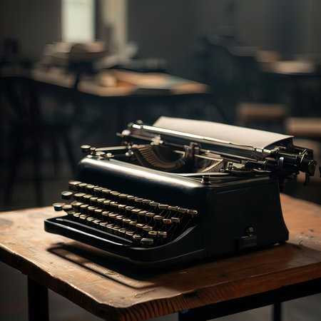 Vintage typewriter on an old wooden table. Retro style.の写真素材