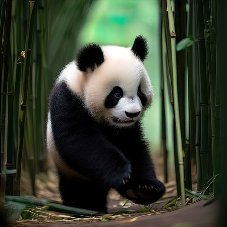 Panda bear on bamboo background, Chengdu, Sichuan Province, Chinaの写真素材