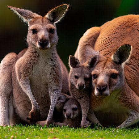 Kangaroo family with mother and joey on green grass.の写真素材