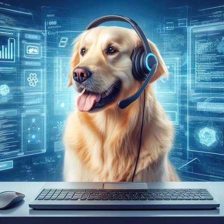 Cute golden retriever dog with headphones and computer on blue backgroundの素材