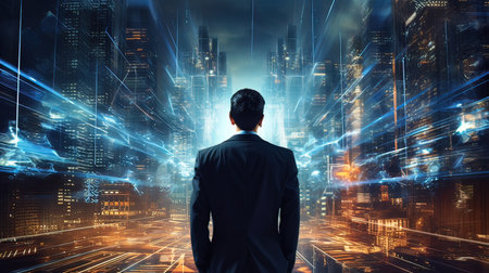 Back view of young businessman looking at night city with double exposure of network and cityscape....