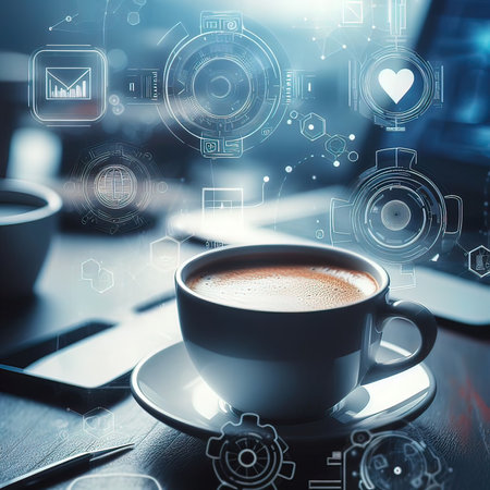 Cup of coffee with digital business interface. Technology concept. 3D Rendering