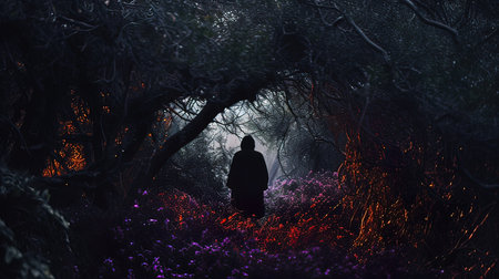 Silhouette of a man in a dark forest. Halloween concept