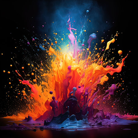 Colorful paint splashes isolated on black background. 3d renderingの素材