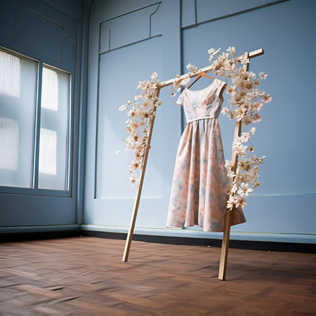 Wedding dress hanging on a wooden hanger in the roomの素材