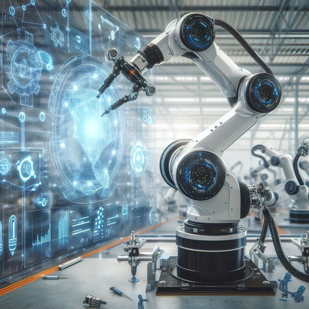 Industrial robot working in a factory. 3d rendering toned image double exposureの写真素材