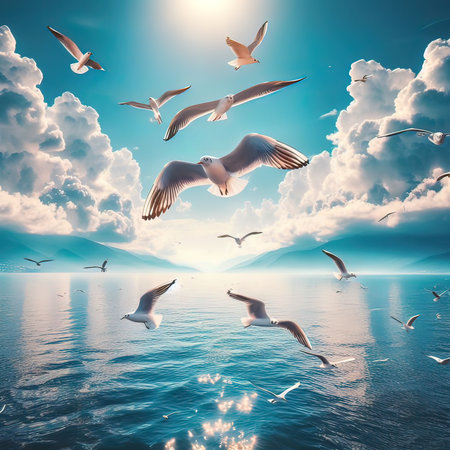 Seagulls flying in the sky over the sea. 3d renderingの写真素材