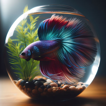 Siamese fighting fish in a round glass bowl on a dark background.の写真素材