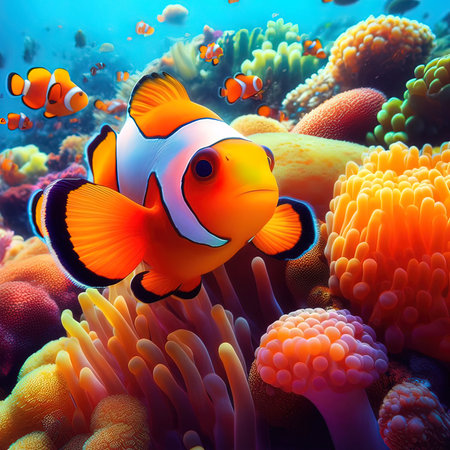 Clown anemonefish (Amphiprion ocellaris) on a coral reefの写真素材