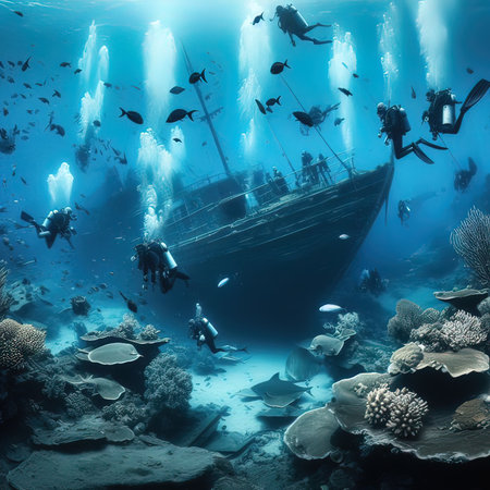 Underwater view of the wreck of an old ship on a coral reefの写真素材