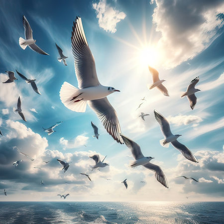 Flying seagulls over the sea and blue sky with cloudsの写真素材