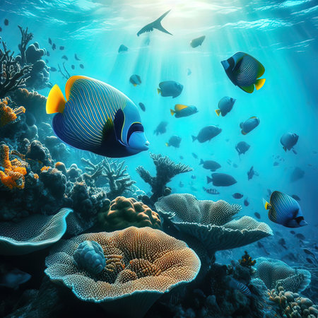 Underwater scene with coral reef and fish. Underwater world.の写真素材
