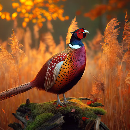 Pheasant on a stump in the autumn forest. 3d renderの写真素材
